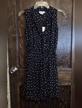 NWT Molly Bracken Black Sleeveless Midi Shirt Dress w/ White Polka Dots Sz S